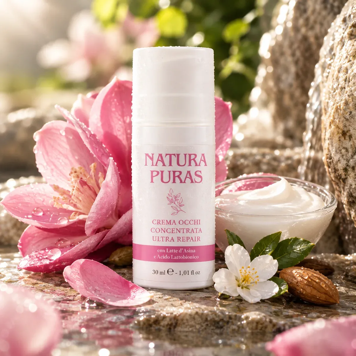Crema Contorno Occhi NaturaPuras da 30 ml in flacone airless, con latte d'asina, tra fiori rosa e mandorle