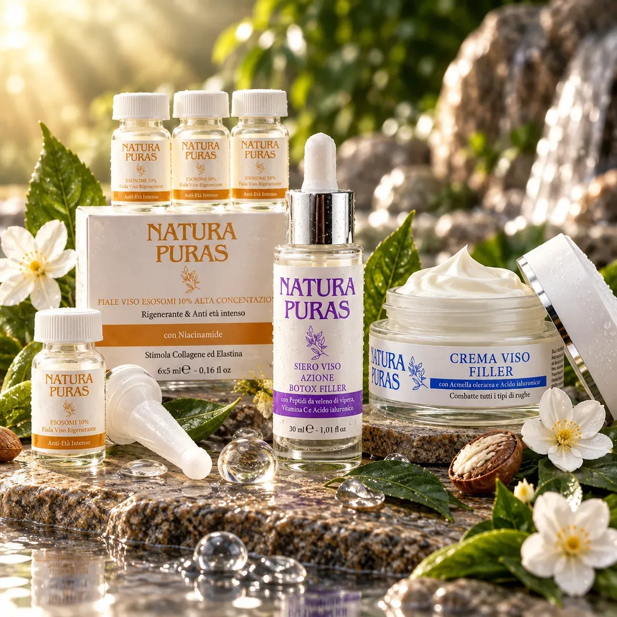 Kit skincare NaturaPuras: fiale viso esosomi 10%, siero viso peptidi e crema viso effetto filler
