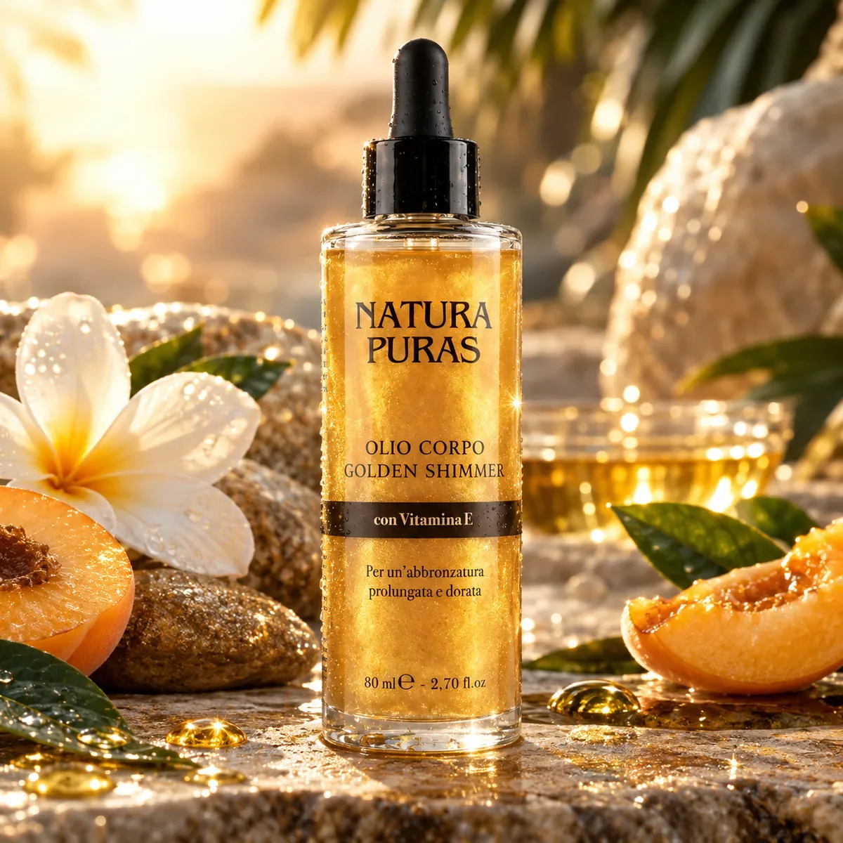 Olio Glitterato Corpo e Viso NaturaPuras da 80 ml, golden shimmer con vitamina E, flacone con contagocce tra fiori di frangipane e albicocche al tramonto
