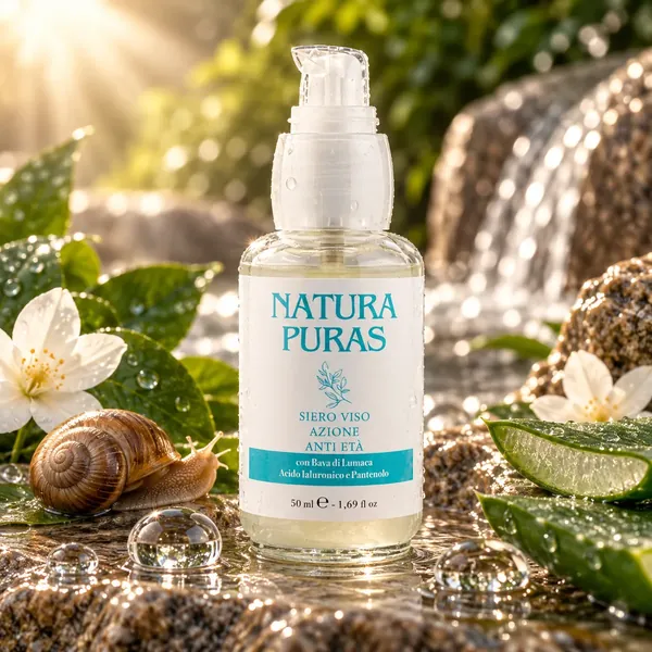 Siero Viso Bava di Lumaca NaturaPuras da 50 ml con acido ialuronico e pantenolo, flacone airless tra fiori bianchi, foglie di aloe e una piccola cascata