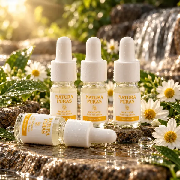 Siero Viso Microaghi alle spicule NaturaPuras: flaconi con contagocce tra margherite e una piccola cascata