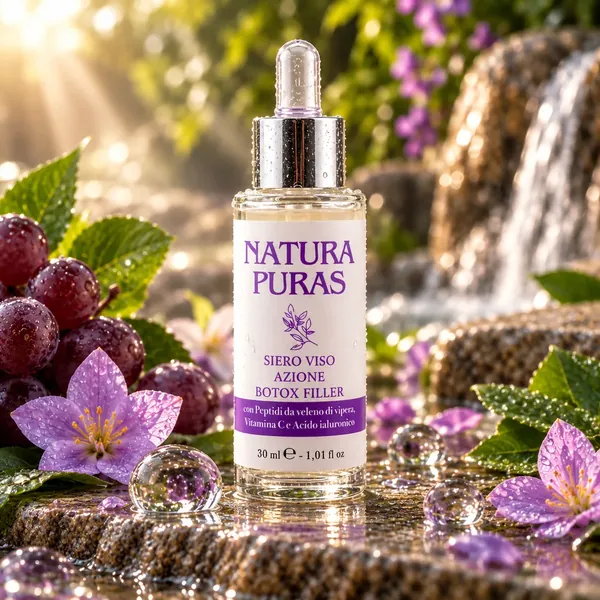 Siero Viso Peptidi NaturaPuras da 30 ml con contagocce, tra fiori viola e acini d'uva su pietra bagnata